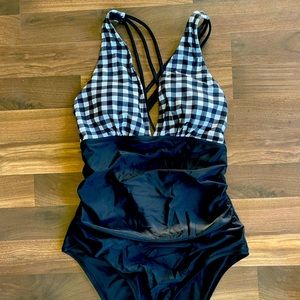 Gingham and black one-piece swim.